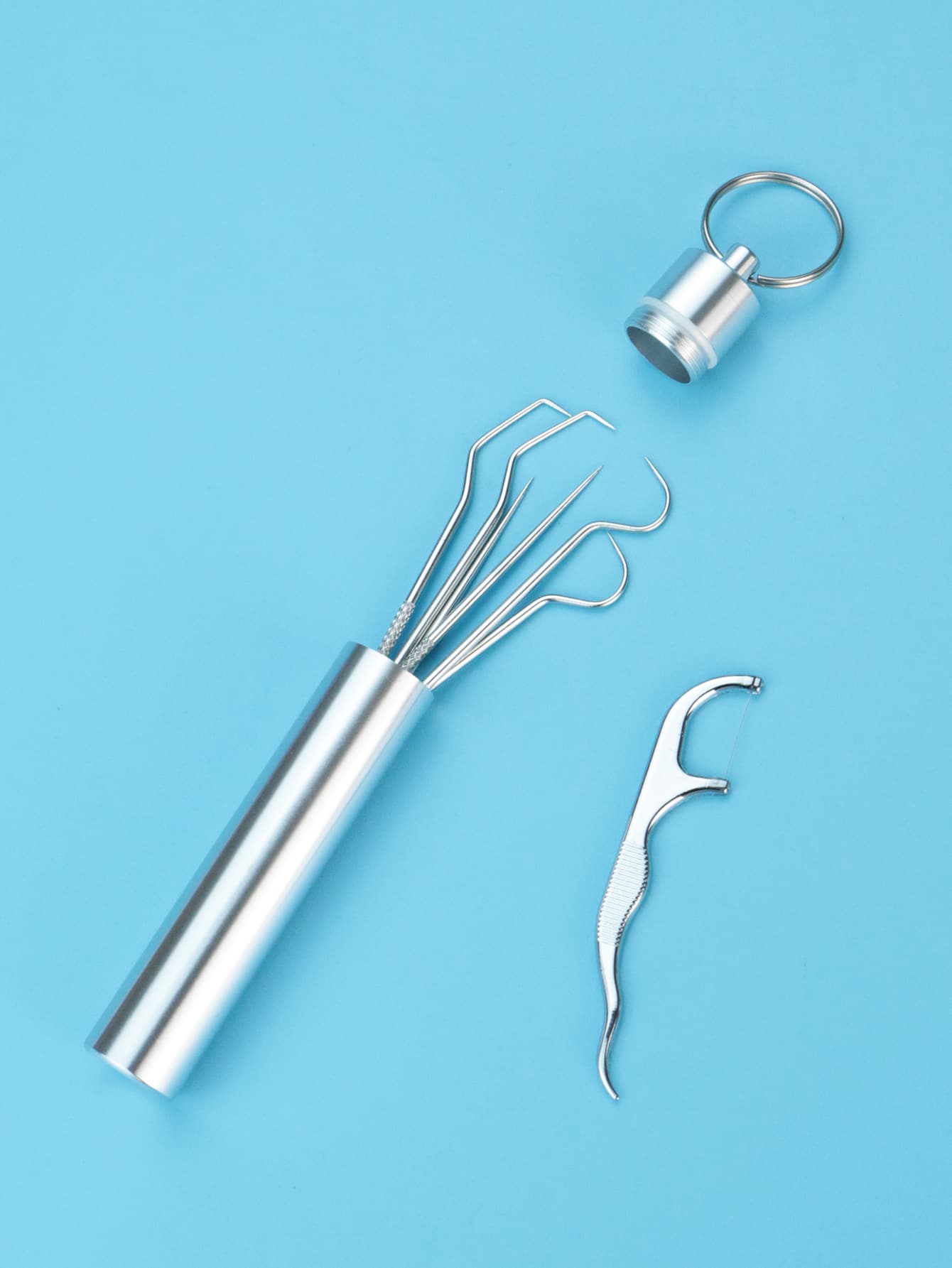 不銹鋼牙籤口袋套裝便攜式牙線簽可重複使用金屬牙籤牙齒清潔套件帶鑰匙扣架適合戶外野餐露營旅行 - 銀色 - 查看 1