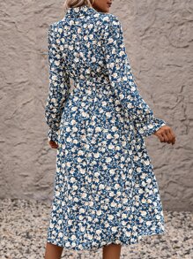 SHEIN LUNE 滿版印花荷葉袖腰帶襯衫洋裝 - 彩色 - 查看 3