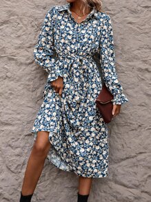 SHEIN LUNE 滿版印花荷葉袖腰帶襯衫洋裝 - 彩色 - 查看 1