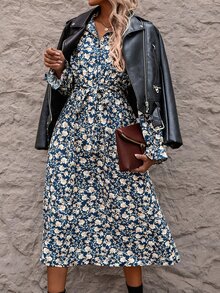 SHEIN LUNE 滿版印花荷葉袖腰帶襯衫洋裝 - 彩色 - 查看 5