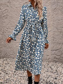 SHEIN LUNE 滿版印花荷葉袖腰帶襯衫洋裝 - 彩色 - 查看 6