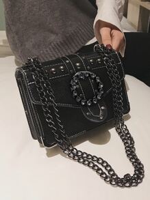 Mini Studded Decor Chain Shoulder Bag - Black - View 1