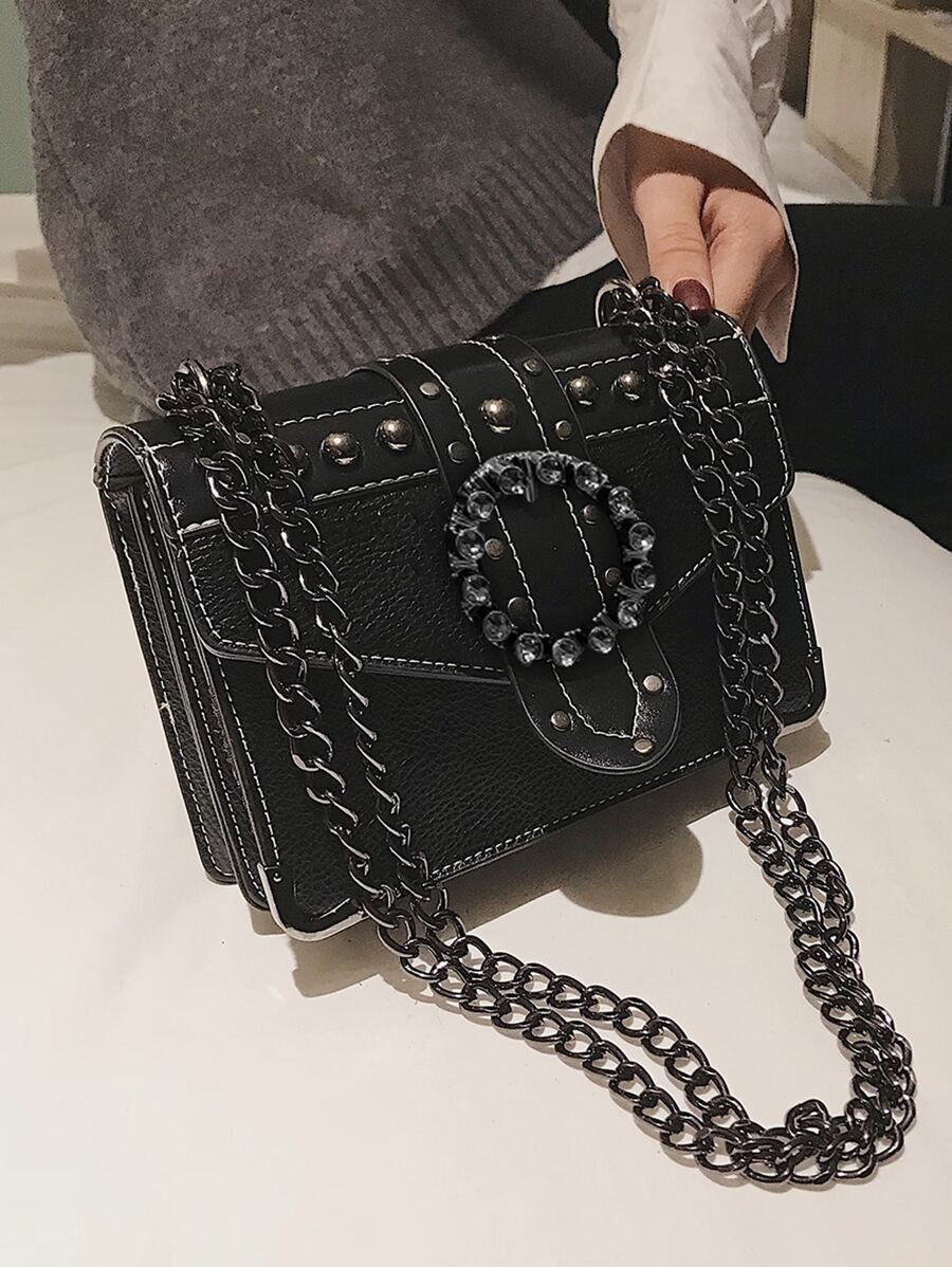 Mini Studded Decor Chain Shoulder Bag - Black - View 1