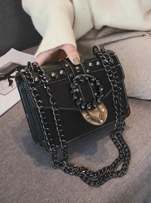 Mini Studded Decor Chain Shoulder Bag - Black - View 2