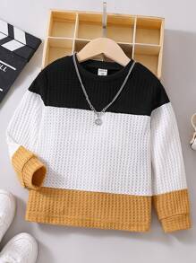 SHEIN Camiseta de cuello redondo de tejido de tela de gofre, informal y deportiva para niño joven con bloques de color, adecuada para primavera y otoño, al aire libre y uso diario, simple y versátil - Multicolor - Ver 1