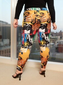 SHEIN CURVE+ Plus Graffiti Print Leggings - Multicolor - View 2