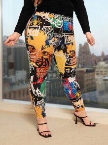 SHEIN CURVE+ Plus Graffiti Print Leggings - Multicolor - View 4