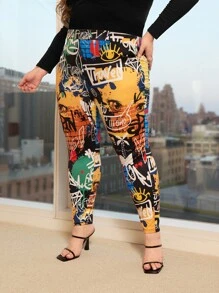 SHEIN CURVE+ Plus Graffiti Print Leggings - Multicolor - View 5