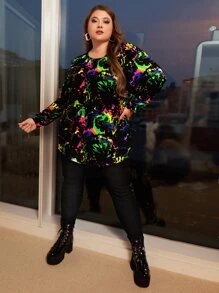 SHEIN CURVE+ Plus Splash Ink Print Drop Shoulder Tee - Multicolor - View 4