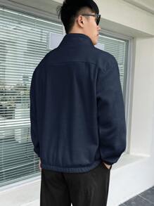 Manfinity Homme Men 1pc Half Zip Patch Detail Flannelette Sweatshirt - Navy Blue - View 2