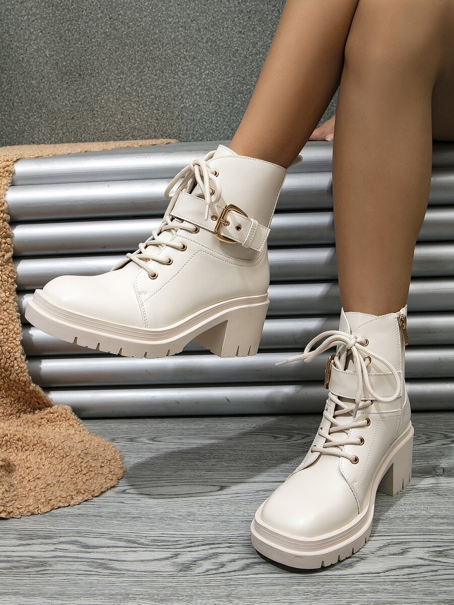 Buckle Decor Zip Side Lace-up Front Combat Boots - Beige - View 1