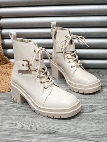 Buckle Decor Zip Side Lace-up Front Combat Boots - Beige - View 2