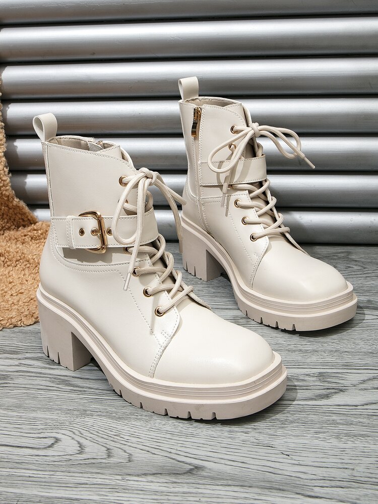 Botas de combate con diseño de hebilla con cremallera lateral con cordón delantero - Beis - Añade 2