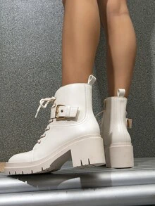 Buckle Decor Zip Side Lace-up Front Combat Boots - Beige - View 5