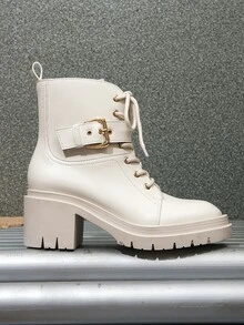 Buckle Decor Zip Side Lace-up Front Combat Boots - Beige - View 6