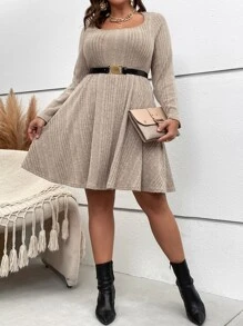 SHEIN Clasi 大碼條紋針織大圓領連衣裙不附腰帶 - 杏色 - 查看 7