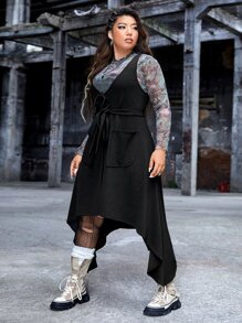 ROMWE PUNK Đầm Plus Size Thắt lưng Bất đối xứng màu trơn Giải trí - màu đen - Xem 4