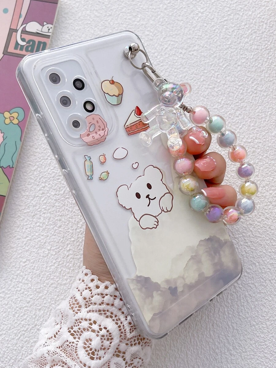 Cartoon Bear Print Clear Phone Case With Lanyard Compatible With iPhone15/15Plus/15Pro/15Promax - Multicolor - View 1