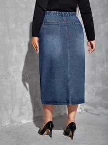 SHEIN Essnce 大碼高腰破洞後背開叉牛仔半身裙 - 中等水洗藍 - 查看 2