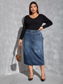 SHEIN Essnce 大碼高腰破洞後背開叉牛仔半身裙 - 中等水洗藍 - 查看 4