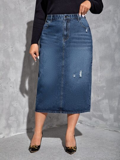 taglie forti Gonna in denim vita alta con strappati spacco sul retro