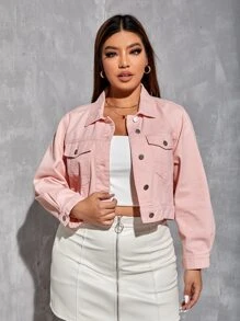 SHEIN SXY Plus Flap Pocket Denim Jacket - Baby Pink - View 1
