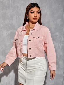 SHEIN SXY Plus Flap Pocket Denim Jacket - Baby Pink - View 4