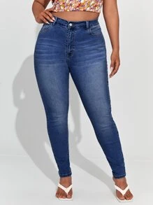 SHEIN SXY Plus High Waist Moustache Effect Skinny Jeans - Dark Wash - View 5