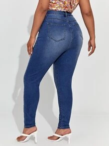 SHEIN SXY Plus High Waist Moustache Effect Skinny Jeans - Dark Wash - View 2