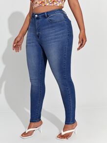 SHEIN SXY Plus High Waist Moustache Effect Skinny Jeans - Dark Wash - View 4