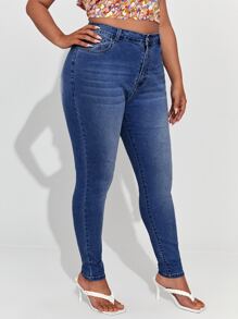 SHEIN SXY Plus High Waist Moustache Effect Skinny Jeans - Dark Wash - View 1