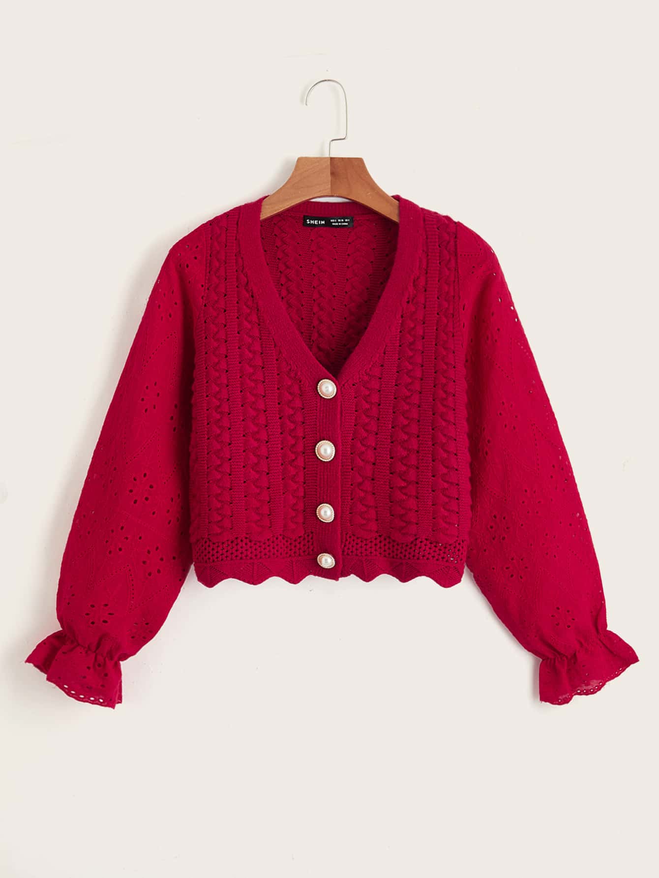 SHEIN EZwear Pearl Button Front Scallop Trim Cardigan - Red - View 1