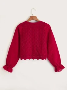 SHEIN EZwear Pearl Button Front Scallop Trim Cardigan - Red - View 2