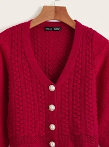 SHEIN EZwear Pearl Button Front Scallop Trim Cardigan - Red - View 3