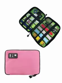 Smart Watch Portable Watch Band Storage Bag, Data Cable & Charging Cable Organizer, 9 Slots For Watch Band + Mesh Bag, M Size Long Handy Strap Box - Pink - View 1