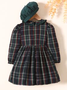 SHEIN 小女童蘇格蘭格紋彼得潘領雙排釦連衣裙附帽子 - 彩色 - 查看 2