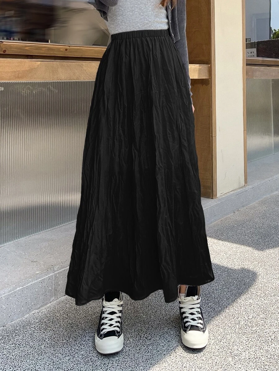 DAZY Váy xếp ly cạp cao màu trơn - màu đen - Xem 1