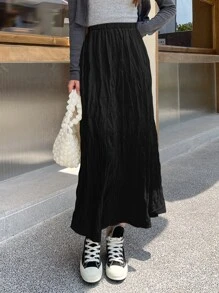 DAZY Váy xếp ly cạp cao màu trơn - màu đen - Xem 3