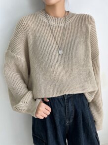 DAZY Eyelet Detail Ribbed Knit Drop Shoulder Sweater - Apricot - View 7