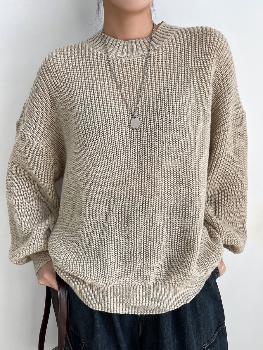 DAZY Eyelet Detail Ribbed Knit Drop Shoulder Sweater - Apricot - View 1
