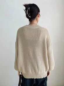 DAZY Eyelet Detail Ribbed Knit Drop Shoulder Sweater - Apricot - View 5