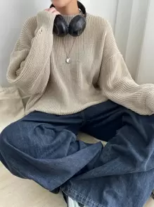 DAZY Eyelet Detail Ribbed Knit Drop Shoulder Sweater - Apricot - View 2