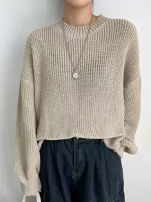 DAZY Eyelet Detail Ribbed Knit Drop Shoulder Sweater - Apricot - View 6