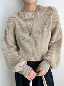 DAZY Eyelet Detail Ribbed Knit Drop Shoulder Sweater - Apricot - View 3