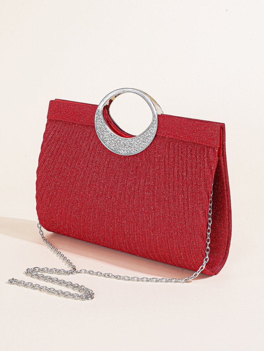 1 件女式水晶椭圆形手柄闪光手拿包女士晚宴包派对手拿包婚礼钱包鸡尾酒舞会手提包带褶皱 - 紅色 - 查看 1