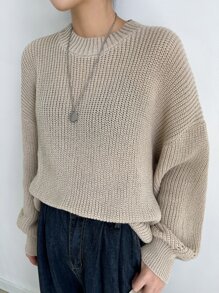 DAZY Eyelet Detail Ribbed Knit Drop Shoulder Sweater - Apricot - View 8