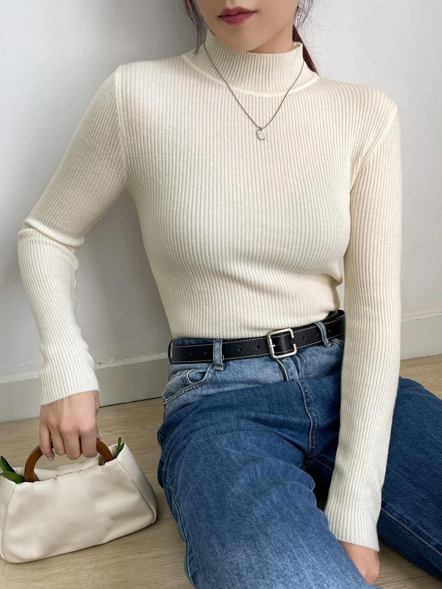 DAZY Solid Stand Collar Knit Jumper - Beige - View 1