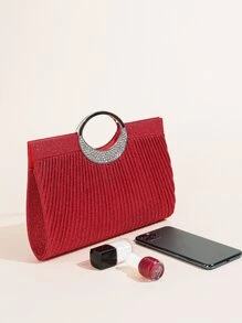 1 件女式水晶椭圆形手柄闪光手拿包女士晚宴包派对手拿包婚礼钱包鸡尾酒舞会手提包带褶皱 - 紅色 - 查看 7