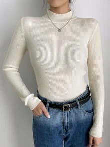 DAZY Solid Stand Collar Knit Jumper - Beige - View 4