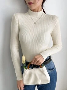 DAZY Solid Stand Collar Knit Jumper - Beige - View 6